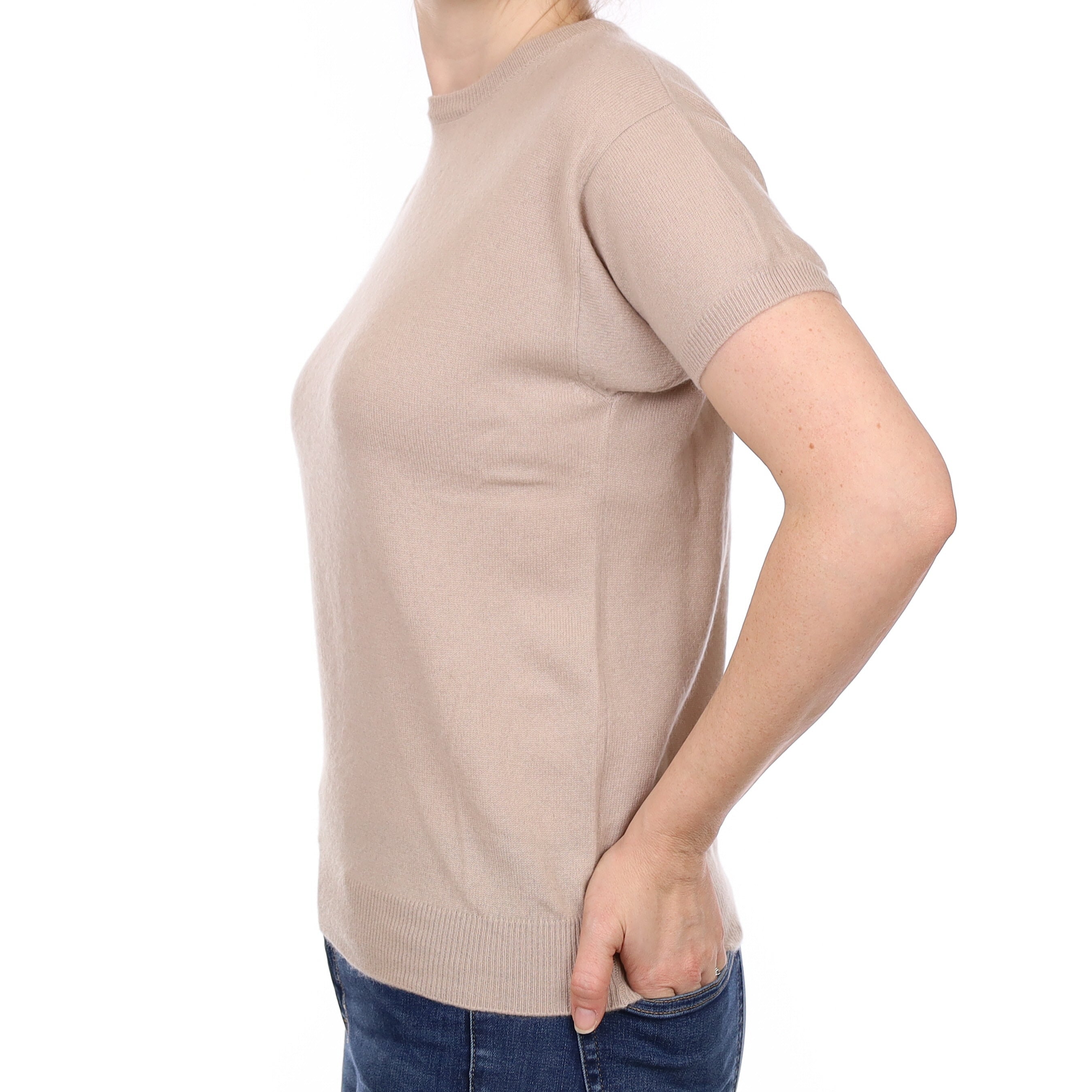 Fawn Cashmere Short Sleeved Crew Neck Jumper Small