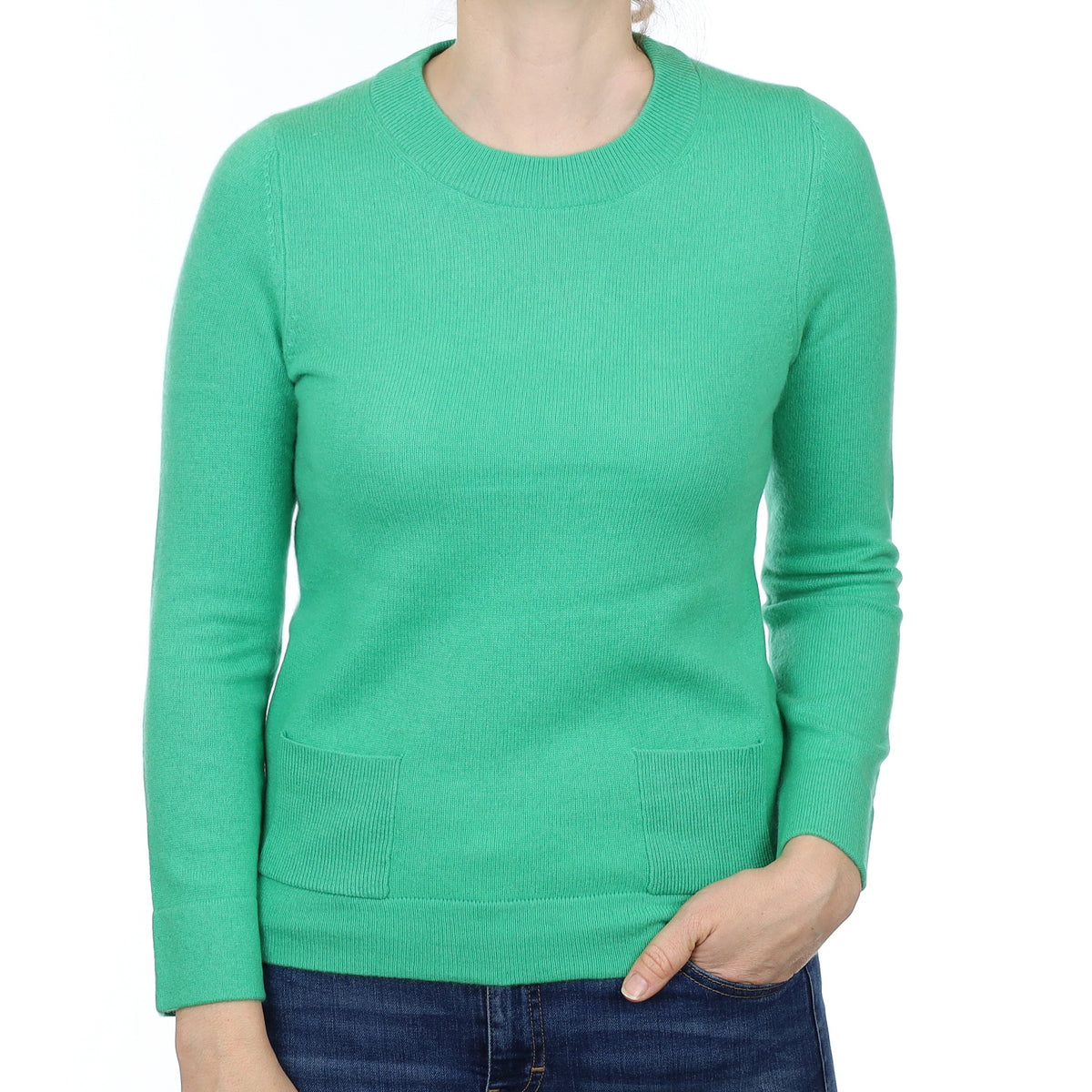 Jaeger Spring Green Cashmere Crew Neck Jumper with Pockets Small