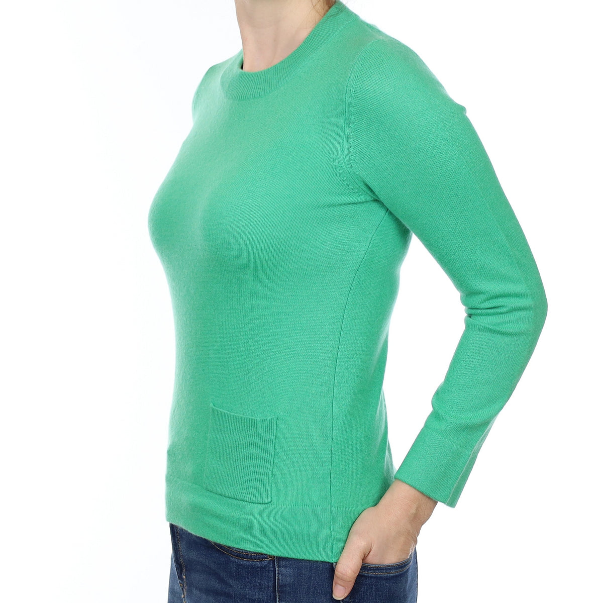 Jaeger Spring Green Cashmere Crew Neck Jumper with Pockets Small