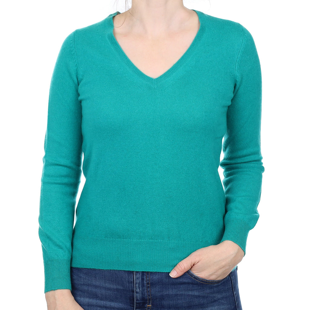 Turquoise Green Cashmere V Neck Jumper Small
