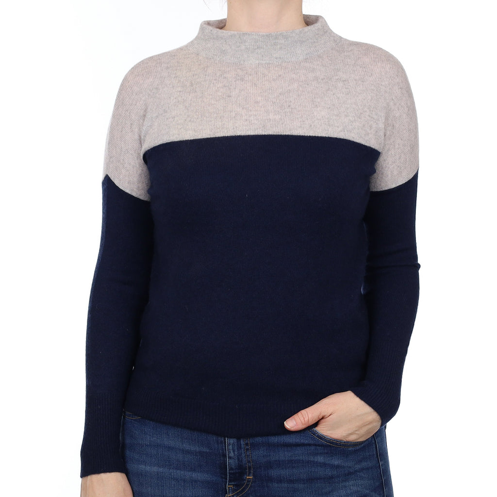 Navy and Smoke Grey Cashmere Funnel Neck Jumper Small