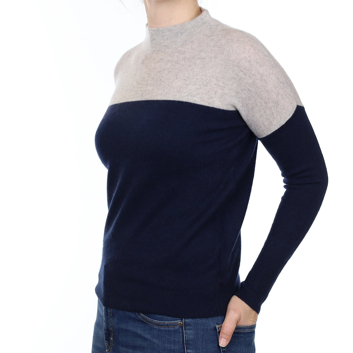Navy and Smoke Grey Cashmere Funnel Neck Jumper Small