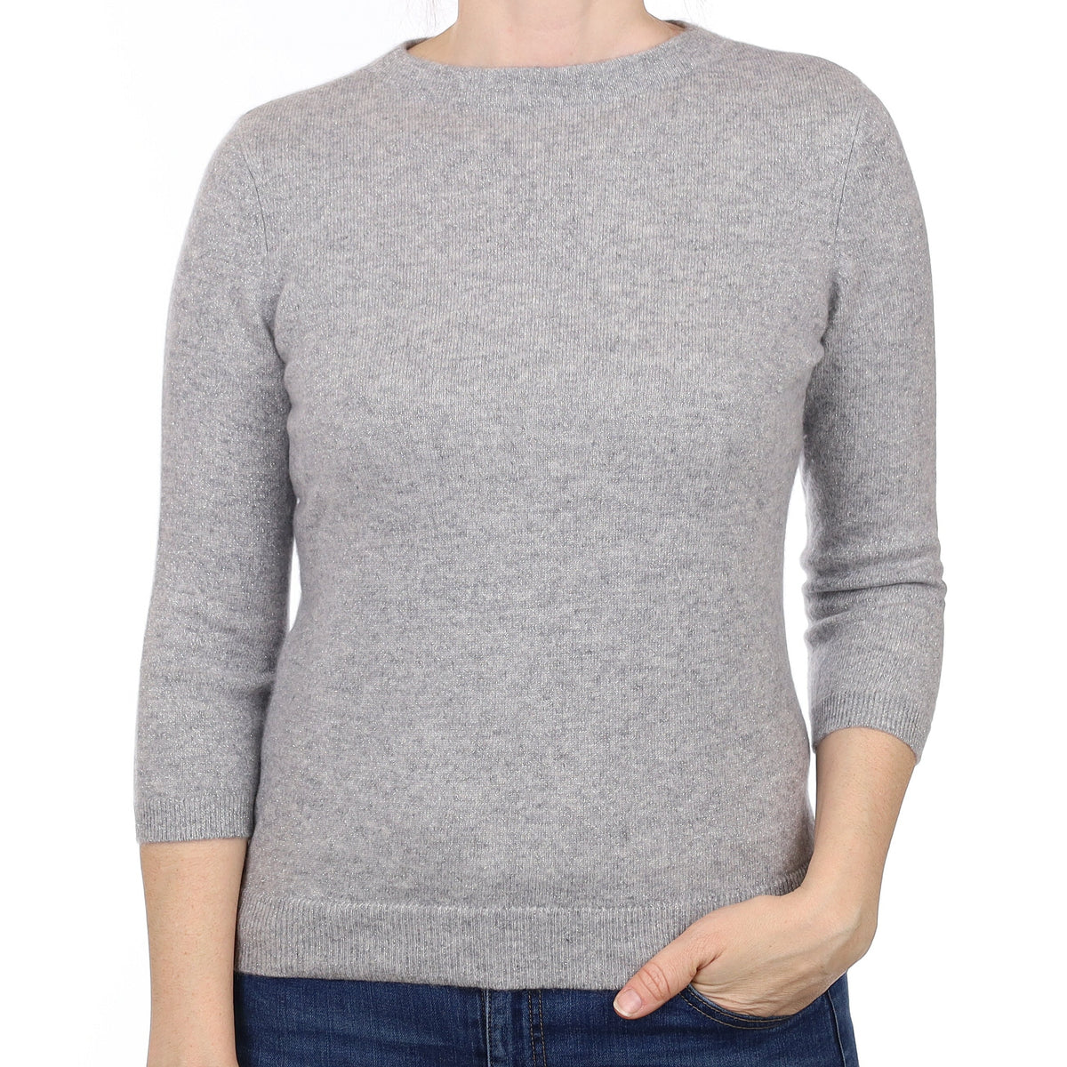 Smoke Grey Sparkly Cashmere 3/4 Sleeve Crew Neck Jumper Small