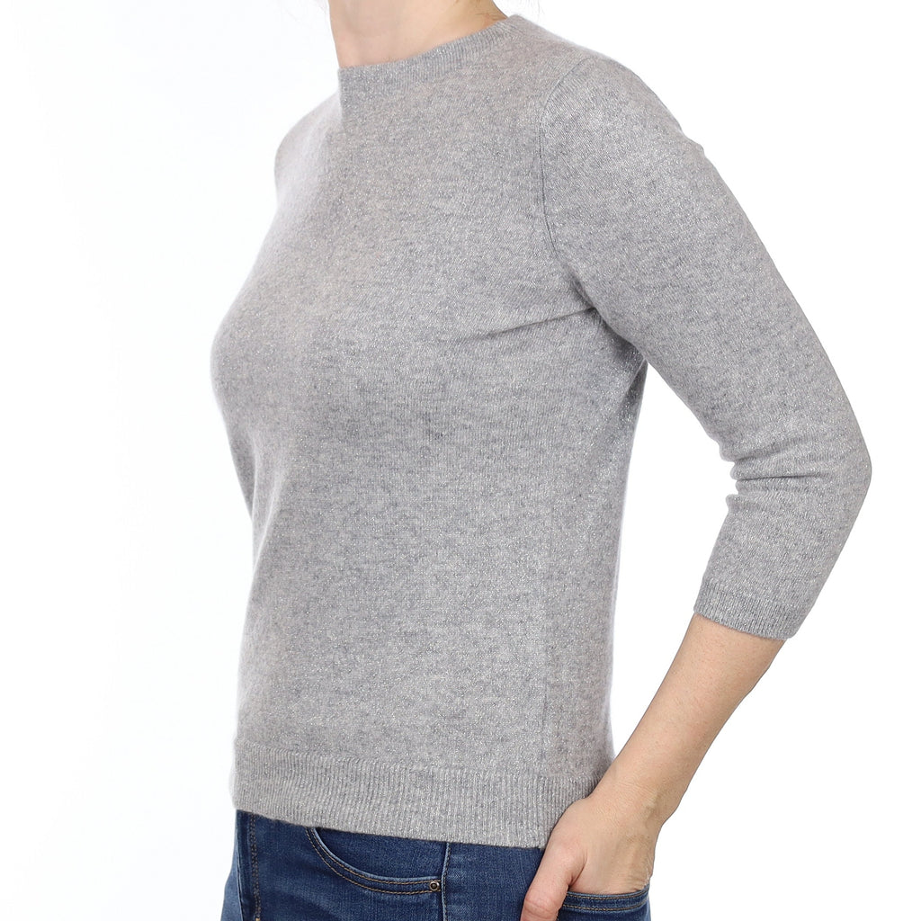 Smoke Grey Sparkly Cashmere 3/4 Sleeve Crew Neck Jumper Small