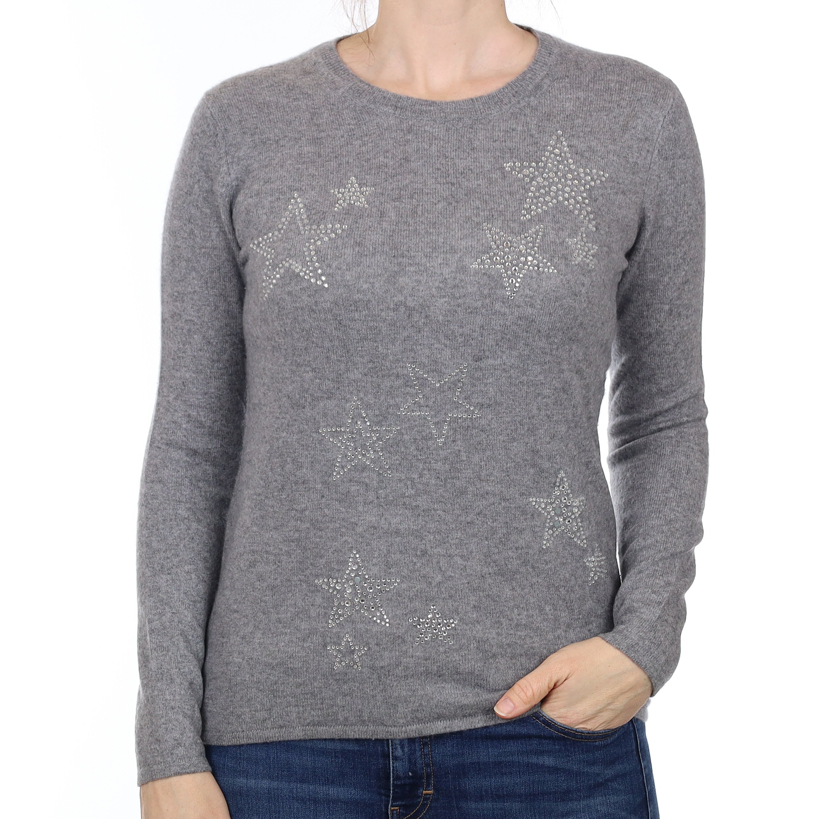 Ash Grey Cashmere Crew Neck Jumper with Diamanté Stars Small
