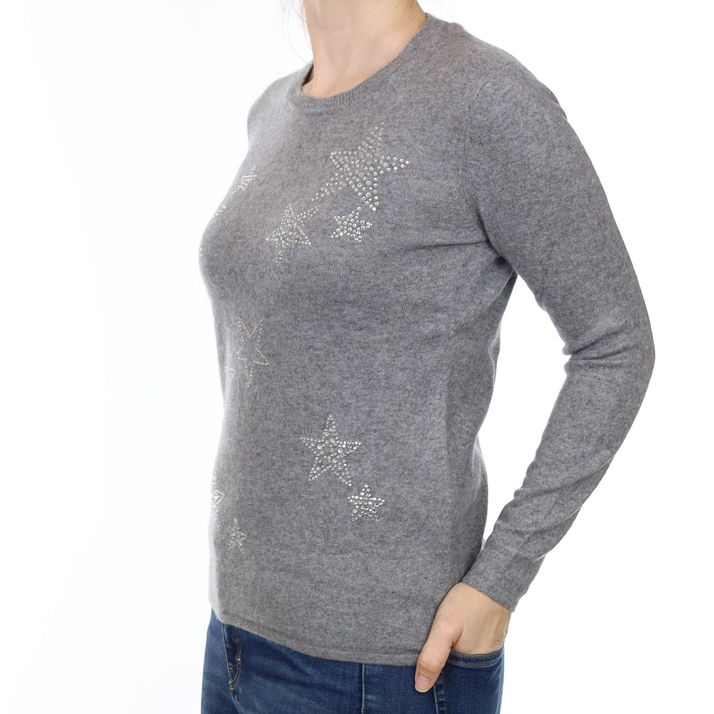 Ash Grey Cashmere Crew Neck Jumper with Diamanté Stars Small