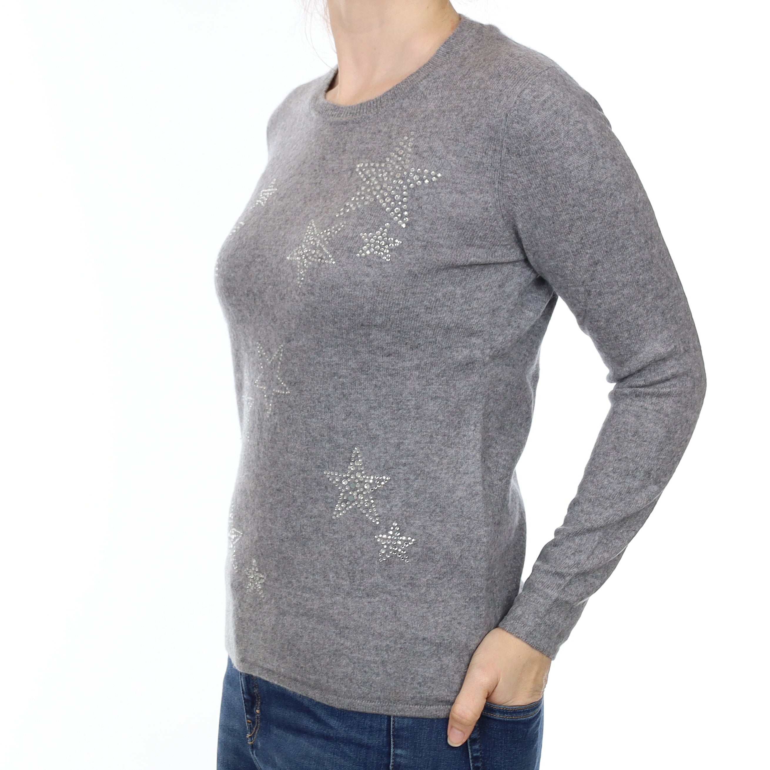 Ash Grey Cashmere Crew Neck Jumper with Diamanté Stars Small