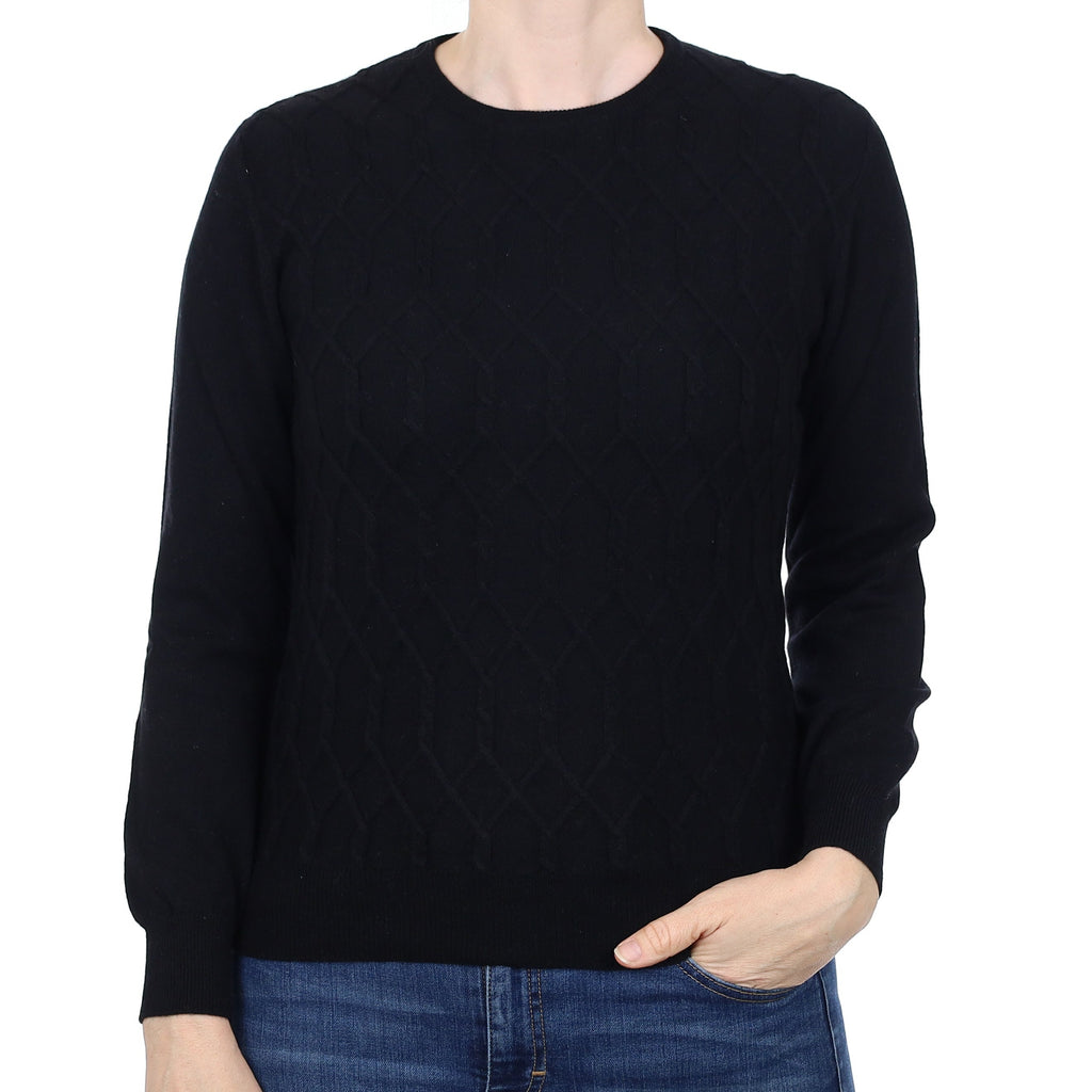 Black Cable Detail Cashmere Crew Neck Jumper Small