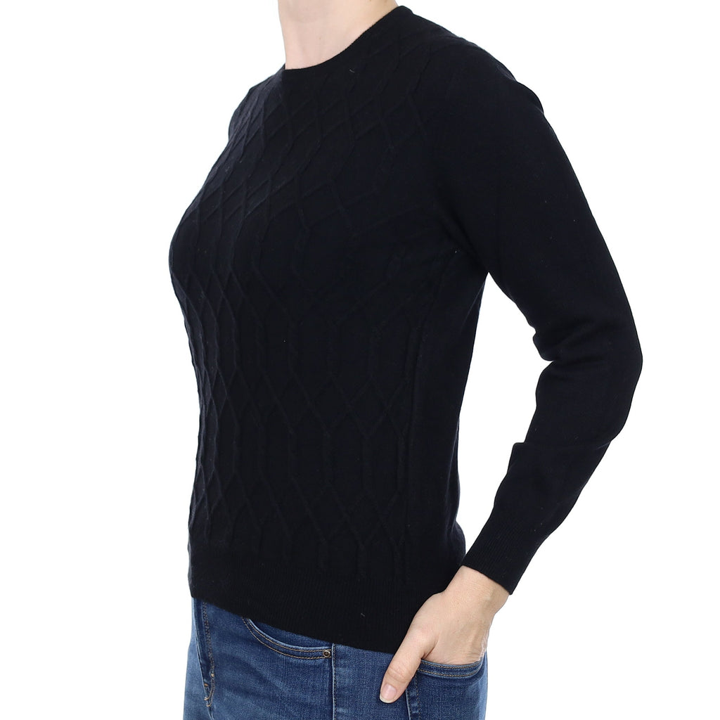 Black Cable Detail Cashmere Crew Neck Jumper Small