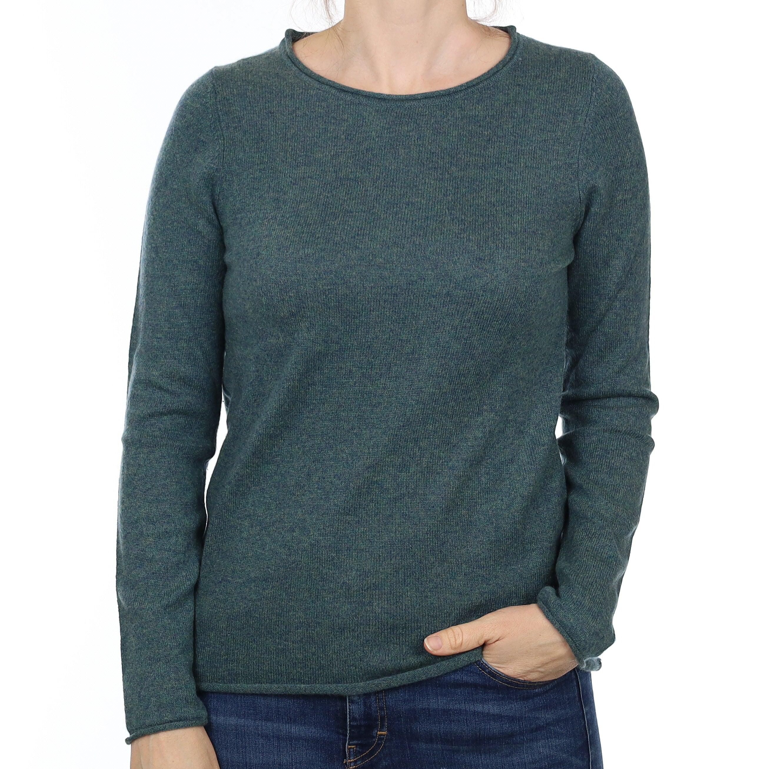 Spruce Green Marl Cashmere Crew Neck Jumper Small
