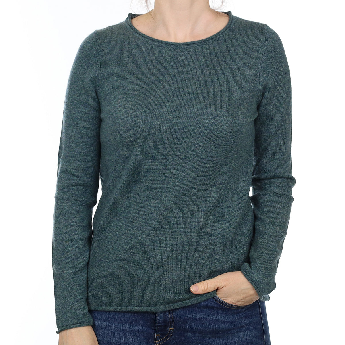 Spruce Green Marl Cashmere Crew Neck Jumper Small