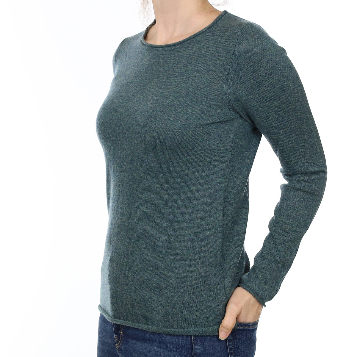 Spruce Green Marl Cashmere Crew Neck Jumper Small