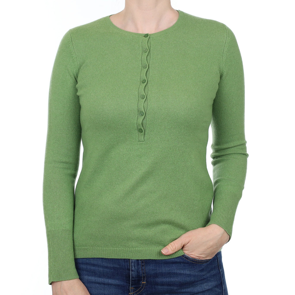 Pear Green Cashmere Quarter Button Crew Neck Jumper Small