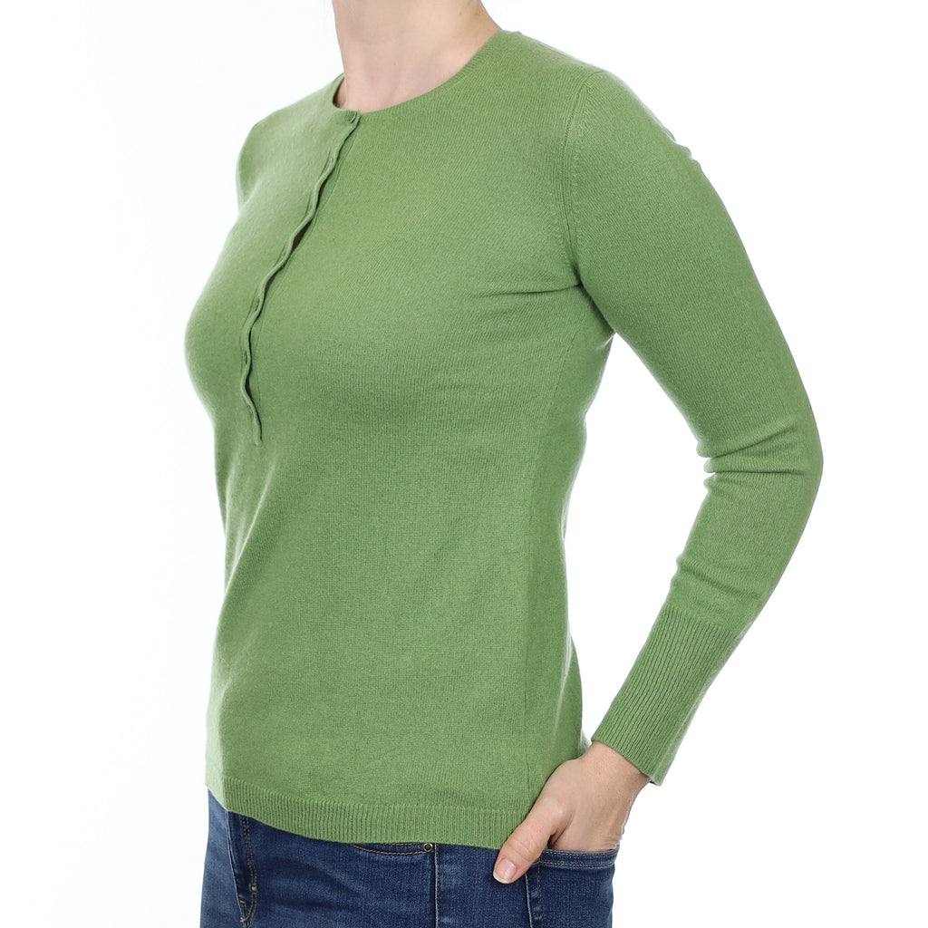 Pear Green Cashmere Quarter Button Crew Neck Jumper Small