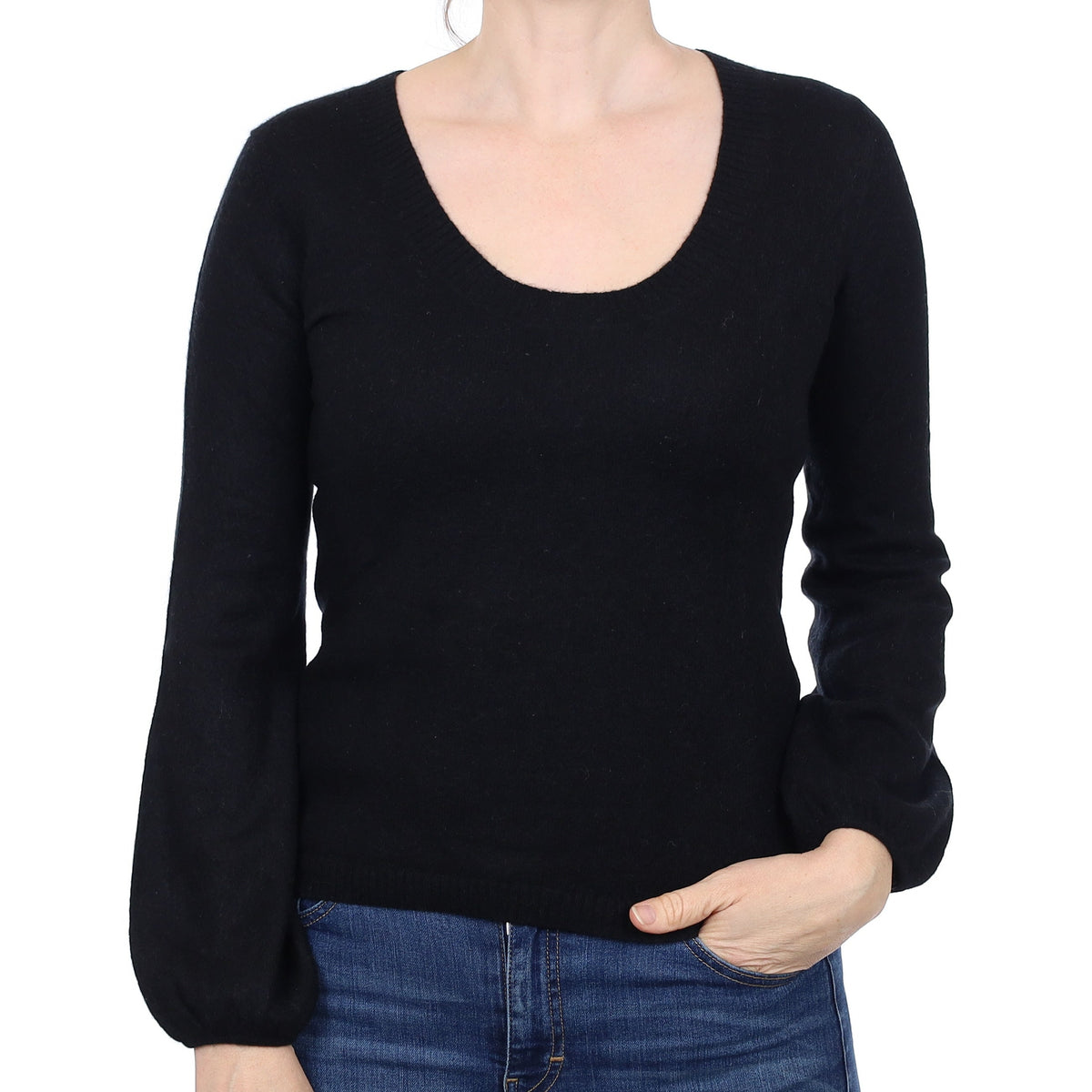 Black Cashmere Balloon Sleeve Scoop Neck Jumper Small
