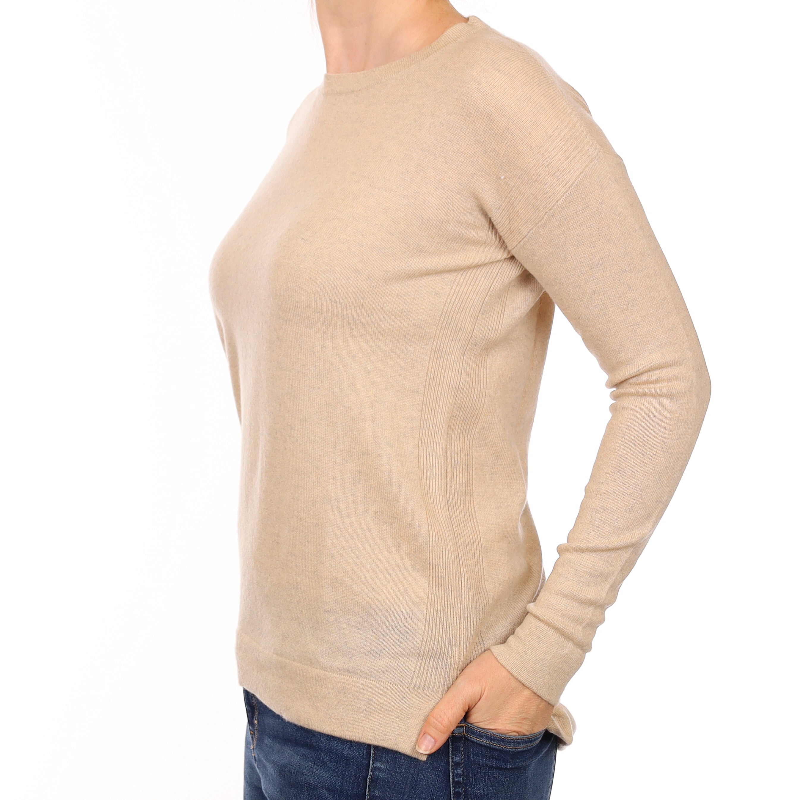 Oatmeal Longline Cashmere Crew Neck Jumper Small
