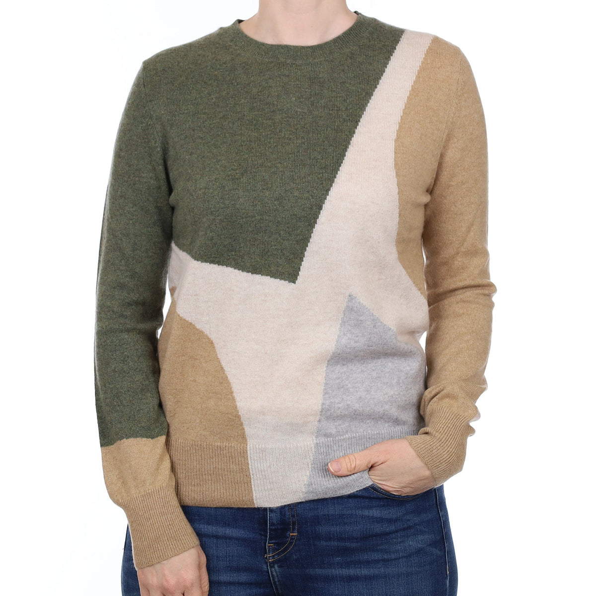 Khaki Colour Block Cashmere Crew Neck Jumper Small