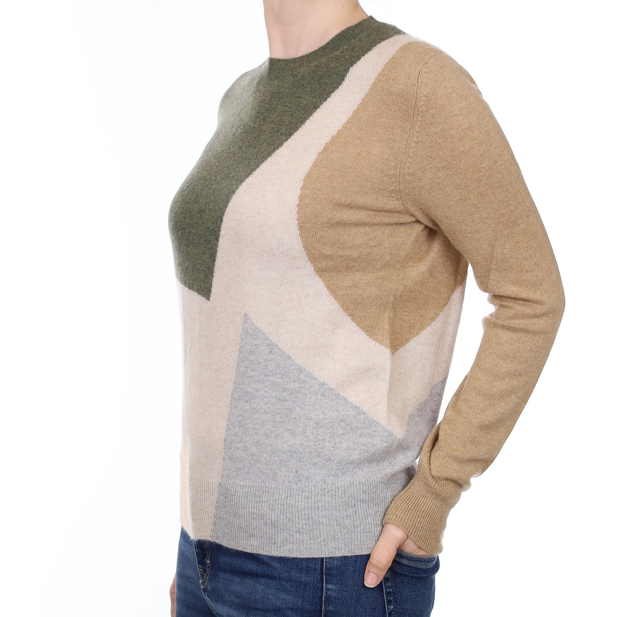 Khaki Colour Block Cashmere Crew Neck Jumper Small