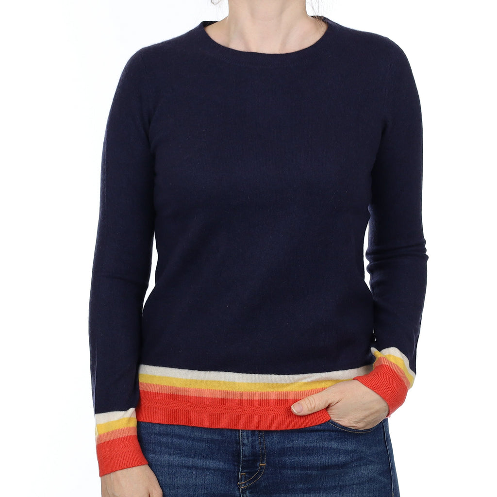 Navy and Orange Striped Cashmere Crew Neck Jumper Small