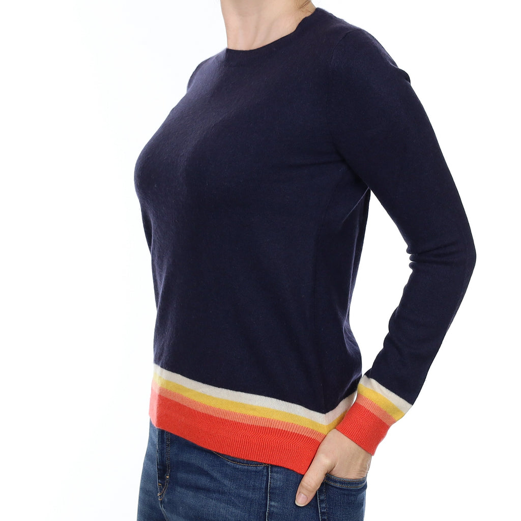 Navy and Orange Striped Cashmere Crew Neck Jumper Small