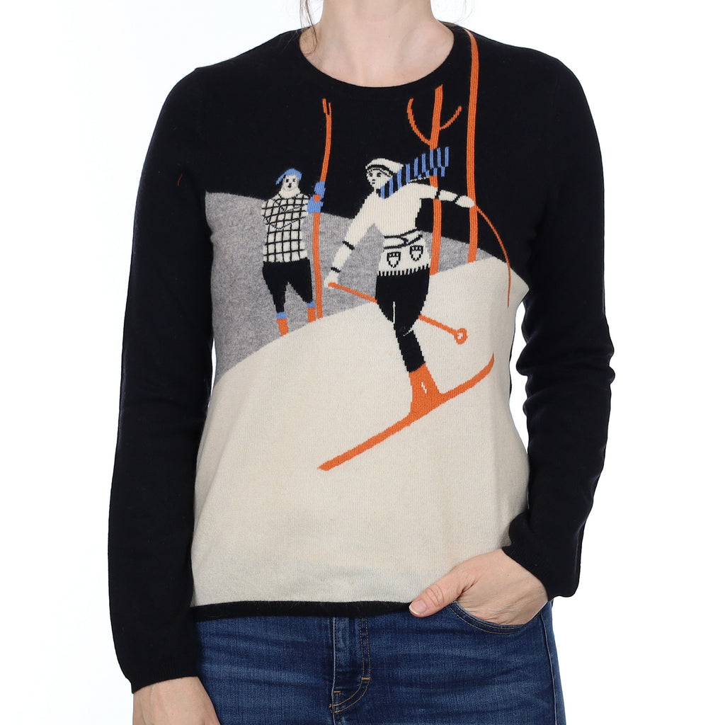 Black Ski Scene Cashmere Crew Neck Jumper Small