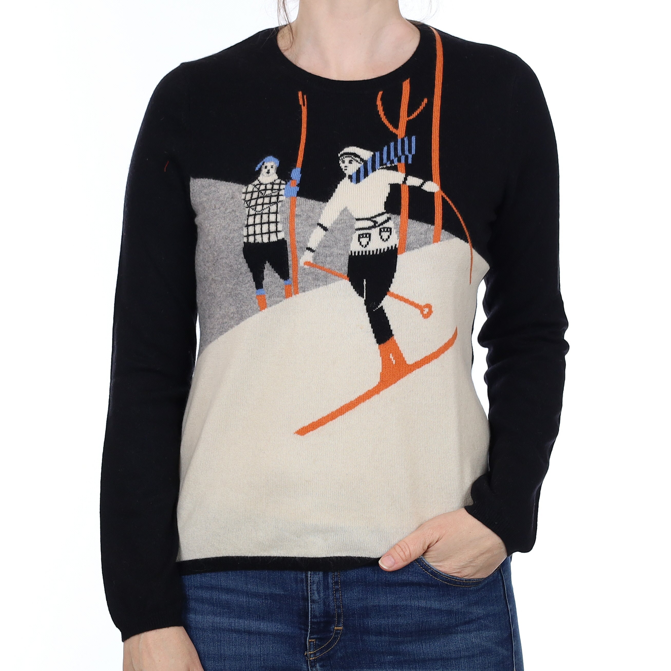 Black Ski Scene Cashmere Crew Neck Jumper Small
