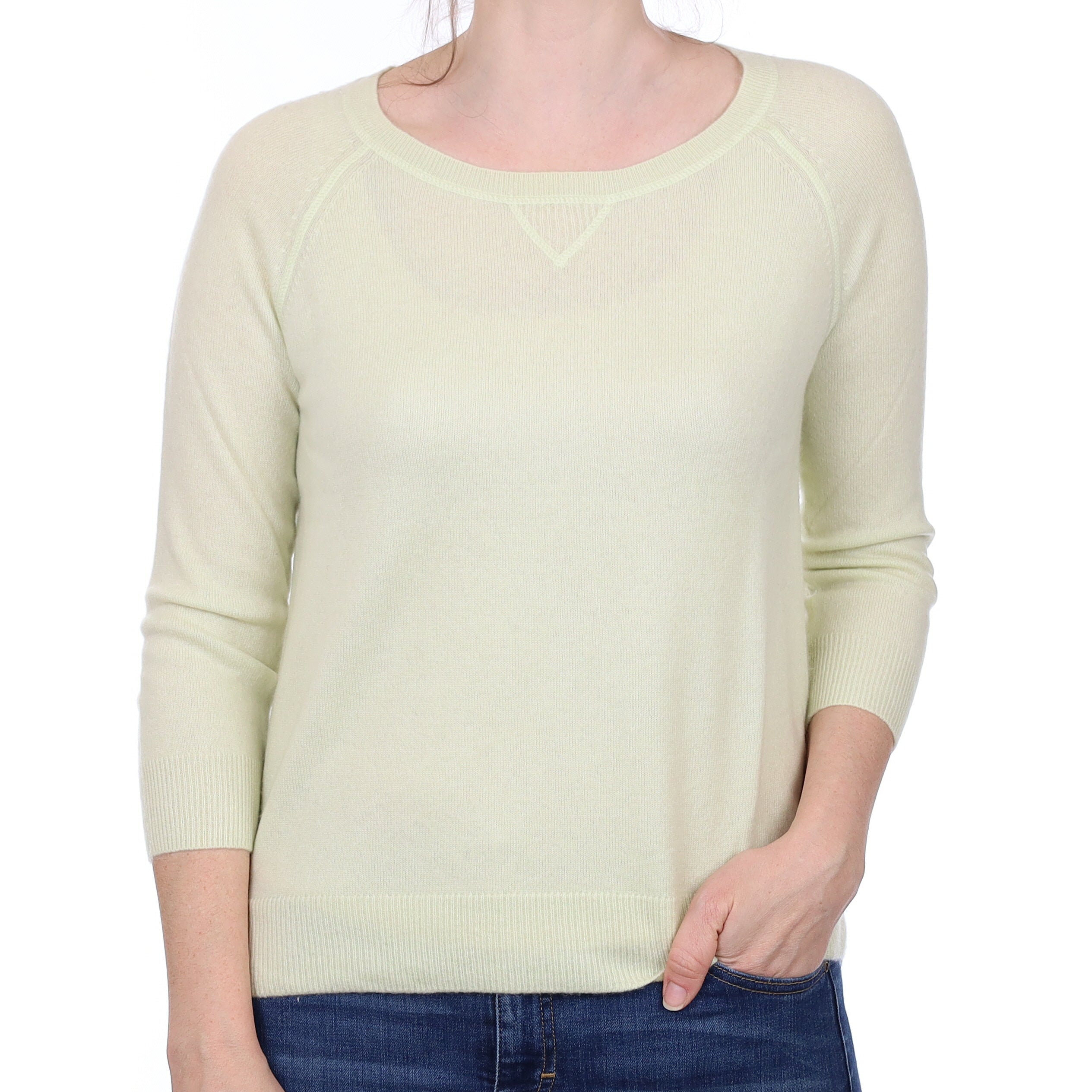 Palest Green Cashmere 3/4 Sleeve Crew Neck Jumper Small
