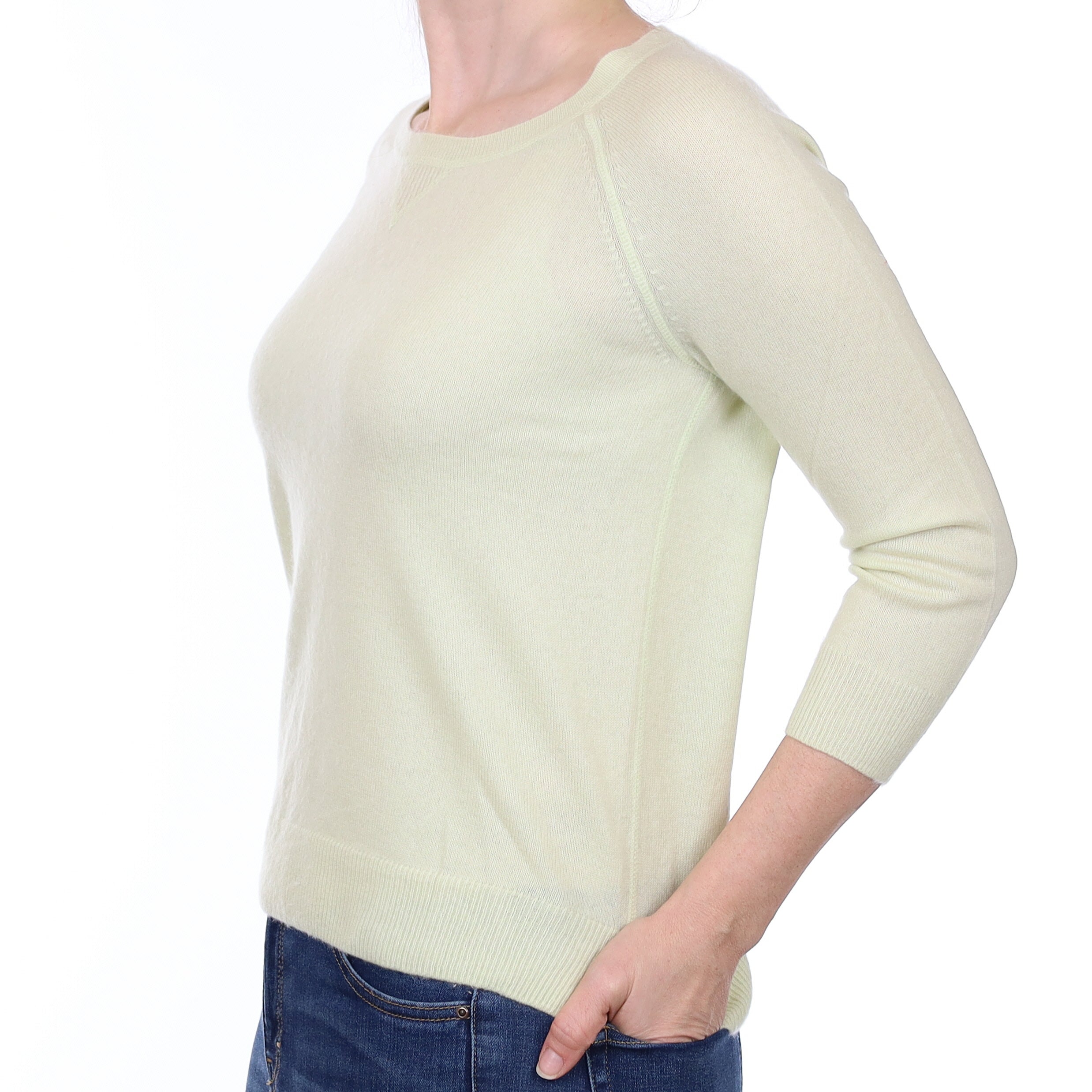Palest Green Cashmere 3/4 Sleeve Crew Neck Jumper Small