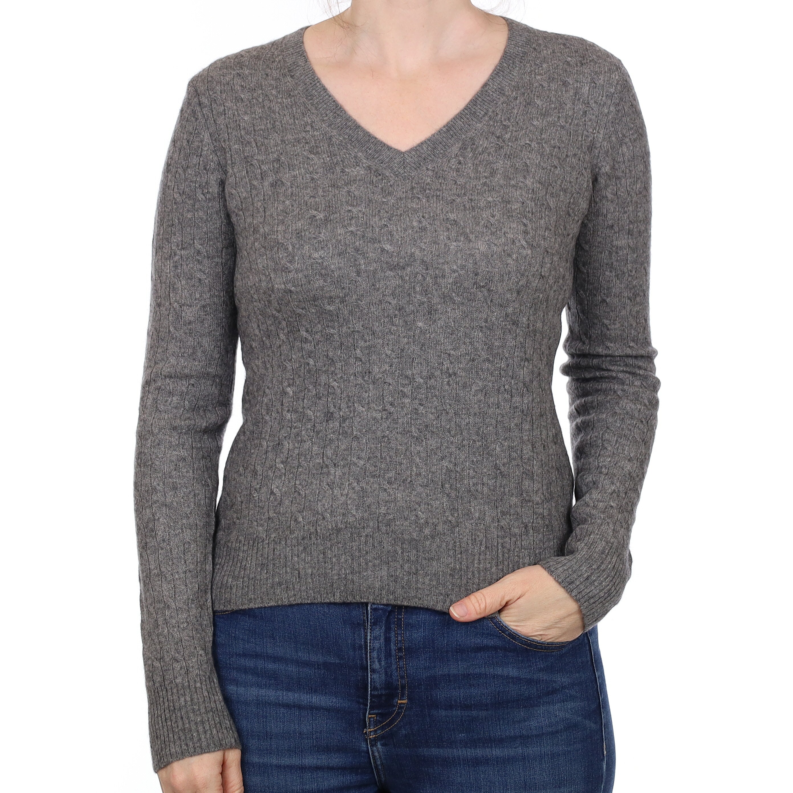 Slate Grey Cable Cashmere V Neck Jumper Small