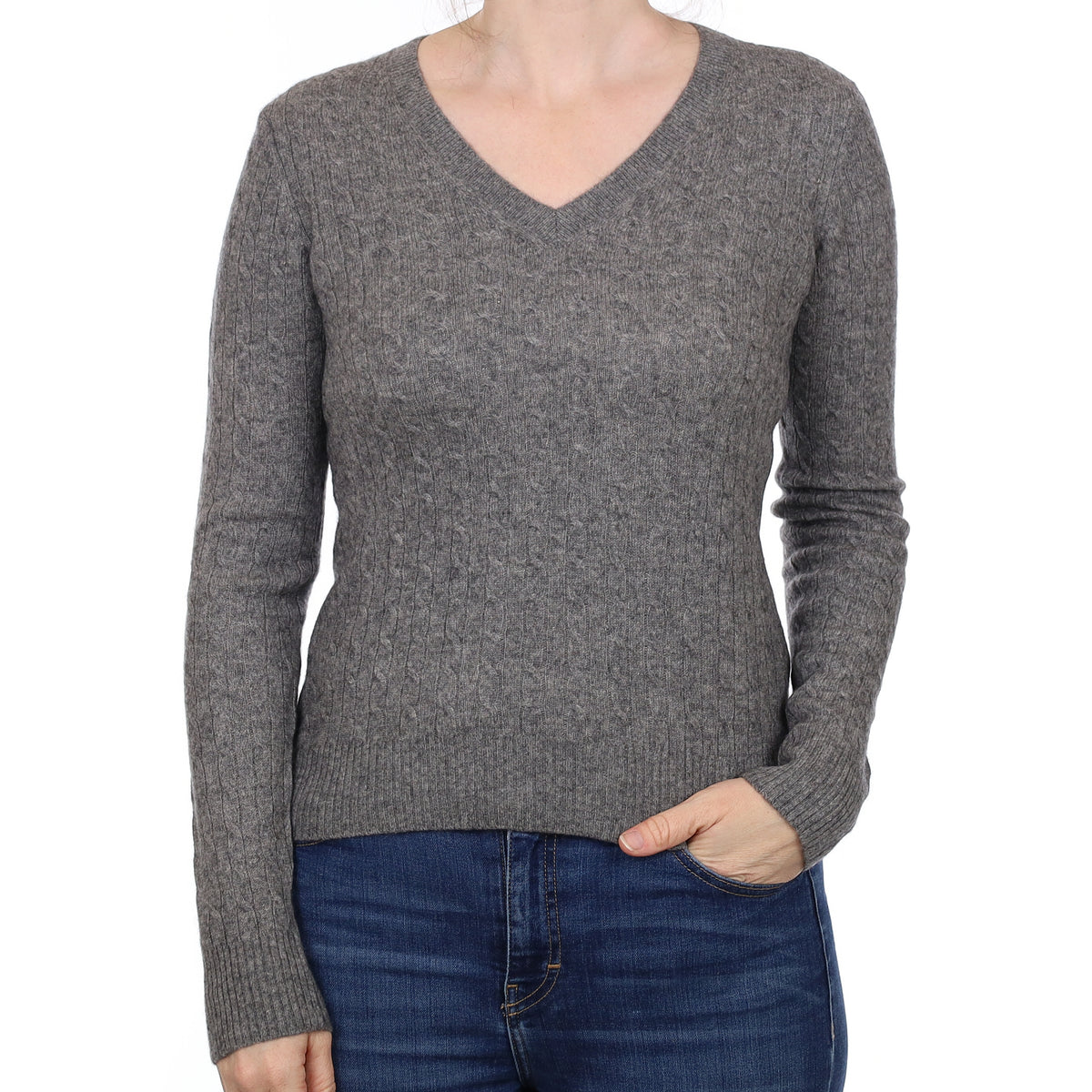 Slate Grey Cable Cashmere V Neck Jumper Small