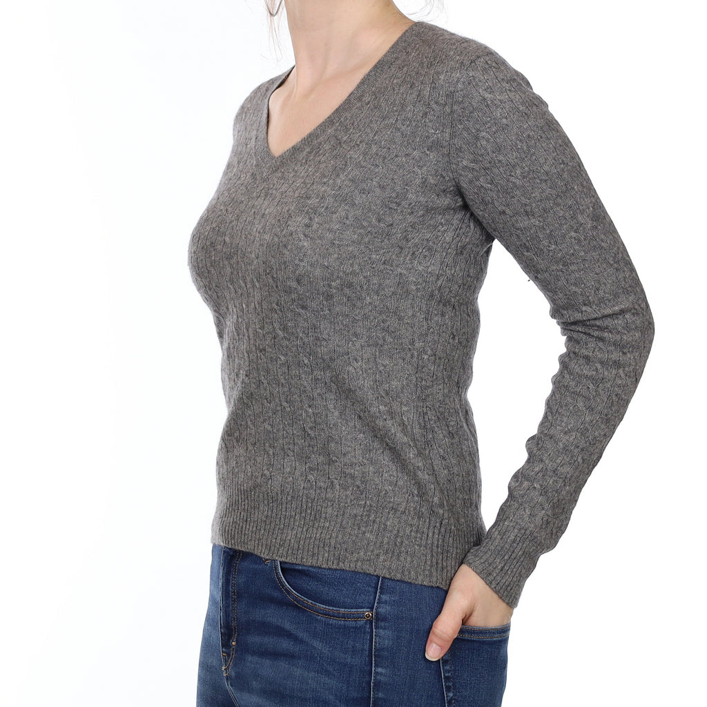 Slate Grey Cable Cashmere V Neck Jumper Small