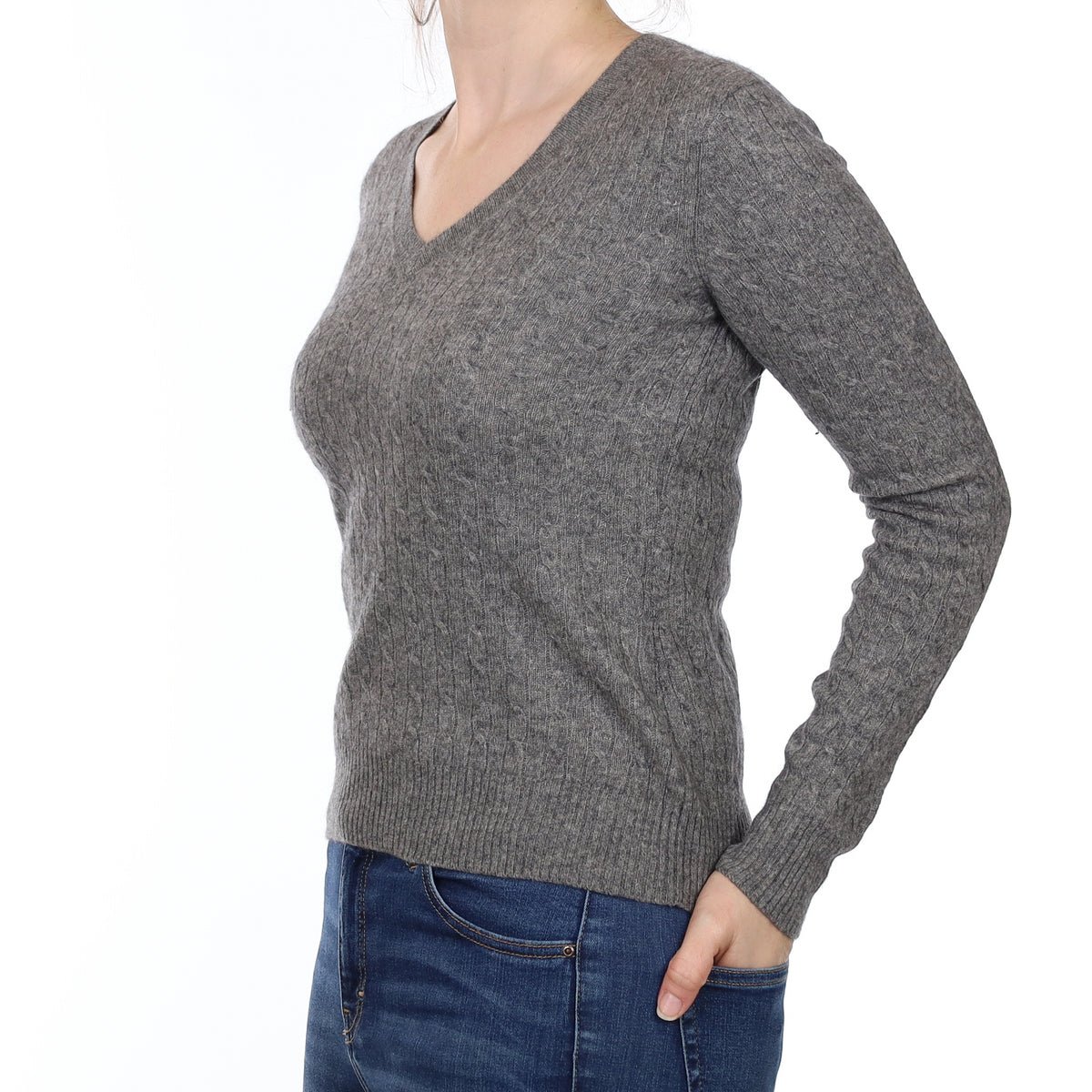 Slate Grey Cable Cashmere V Neck Jumper Small
