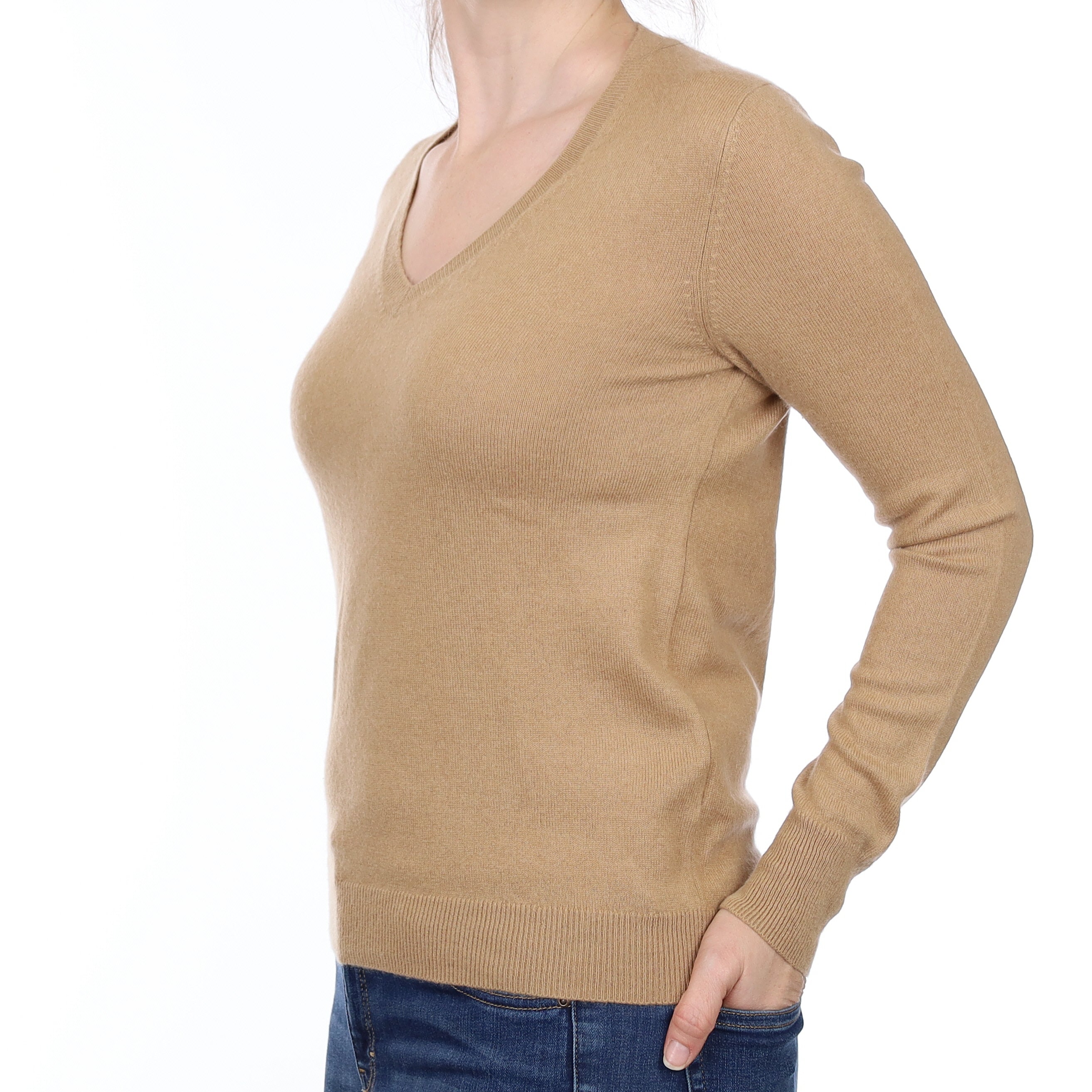 Caramel Brown Cashmere V Neck Jumper Small