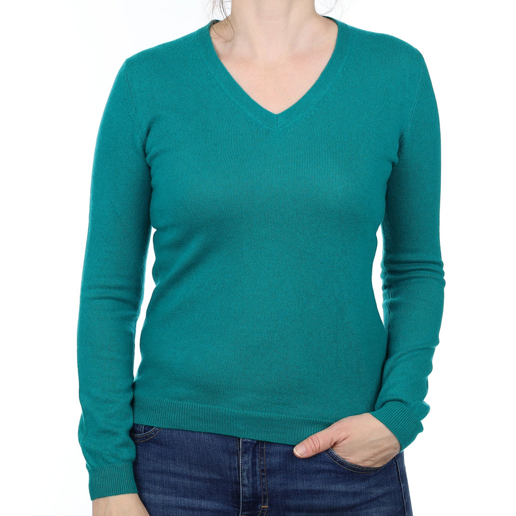 Peacock Green Cashmere V Neck Jumper Small
