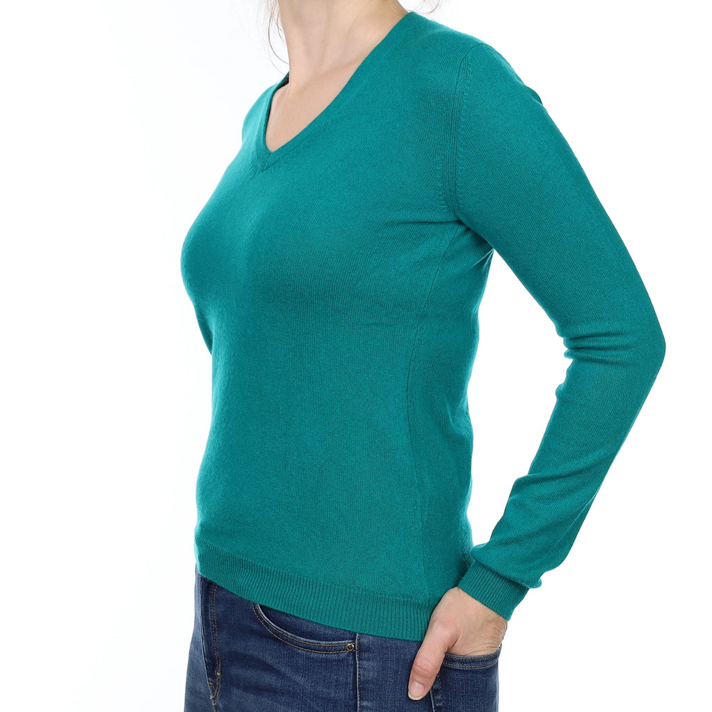 Peacock Green Cashmere V Neck Jumper Small