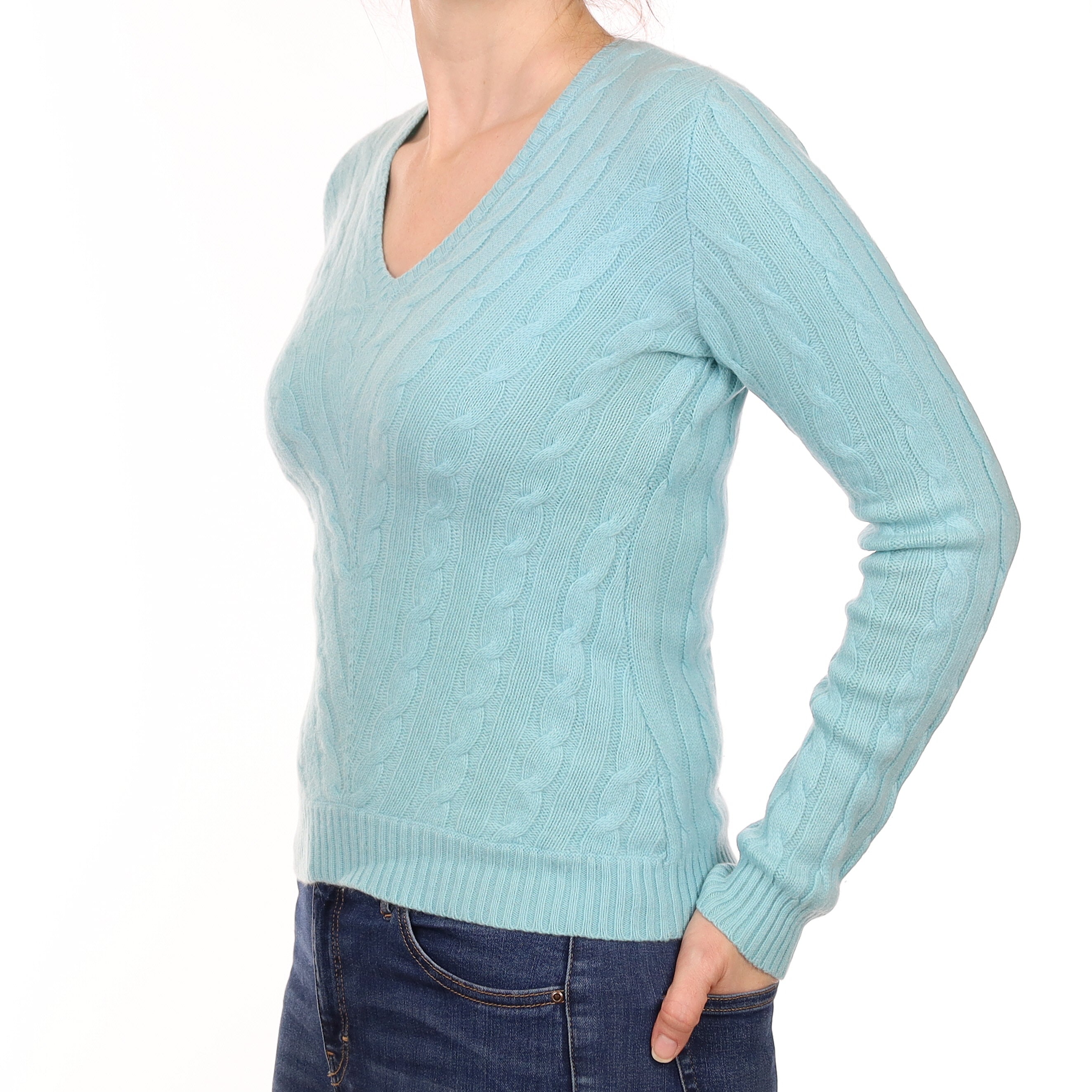Aqua Blue Cable Cashmere V Neck Jumper Small