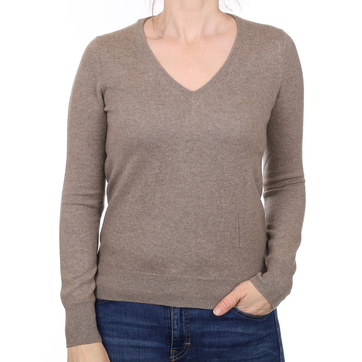 Mink Brown Cashmere V Neck Jumper Small