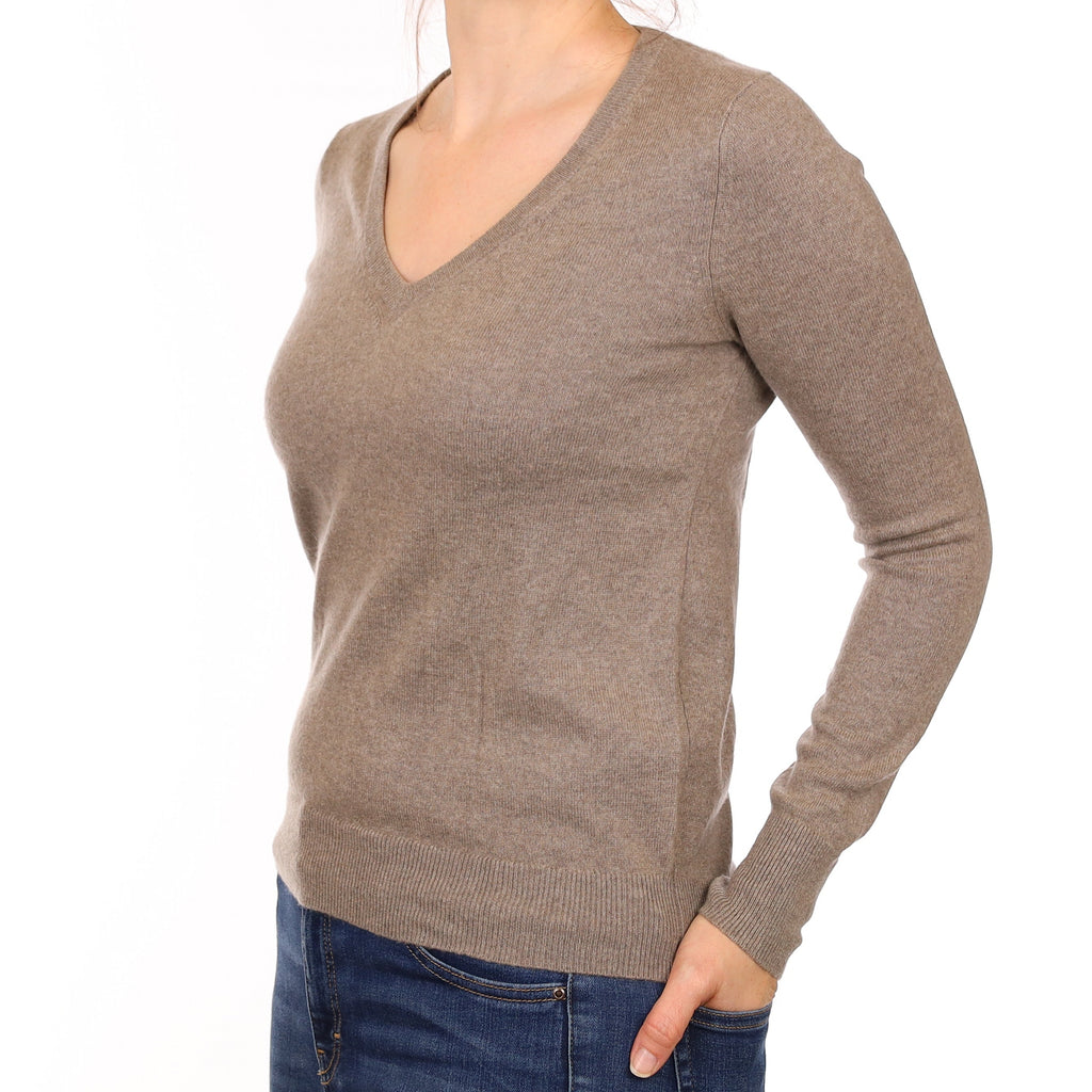 Mink Brown Cashmere V Neck Jumper Small