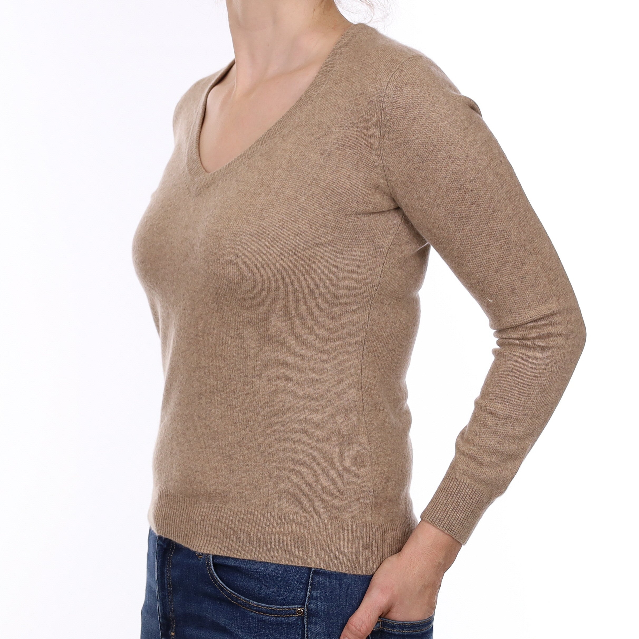 Biscuit Brown Cashmere V Neck Jumper Small
