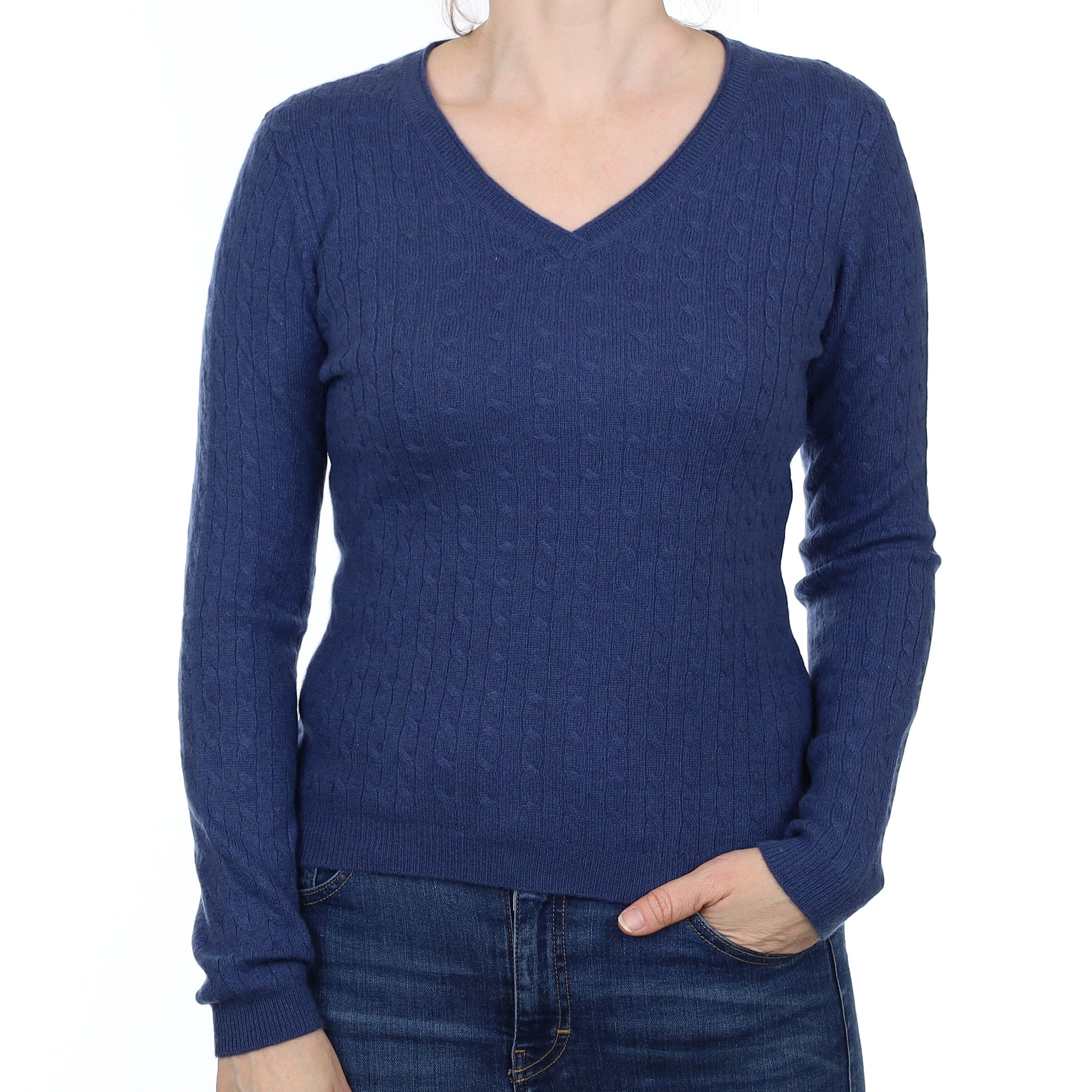 Naval Blue Cable Cashmere V Neck Jumper Small