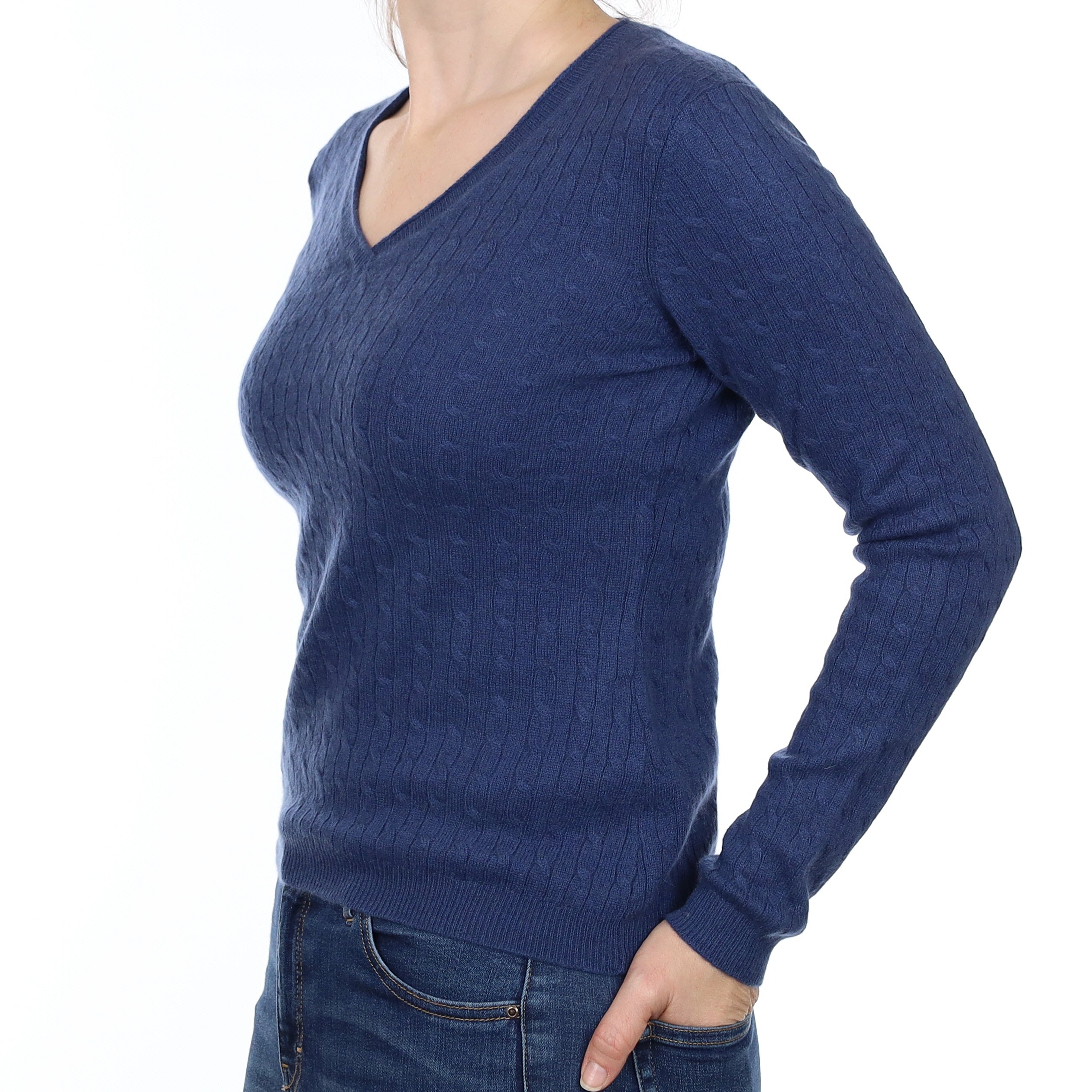 Naval Blue Cable Cashmere V Neck Jumper Small