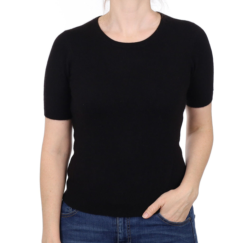 Black Cashmere Short Sleeved Crew Neck Jumper Small