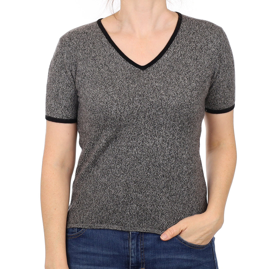 Black Grey Marl Cashmere Short Sleeved V Neck Jumper Small