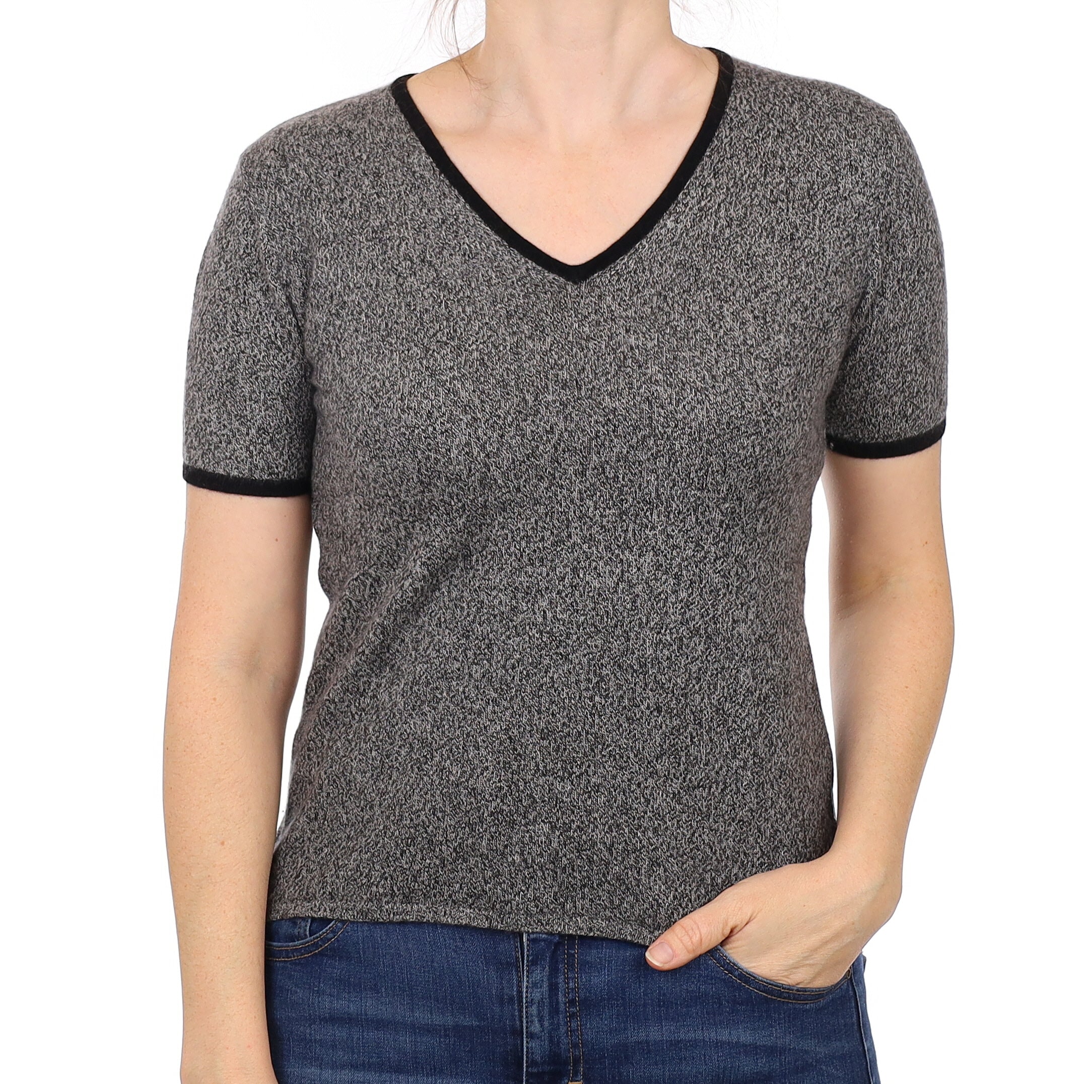 Black Grey Marl Cashmere Short Sleeved V Neck Jumper Small