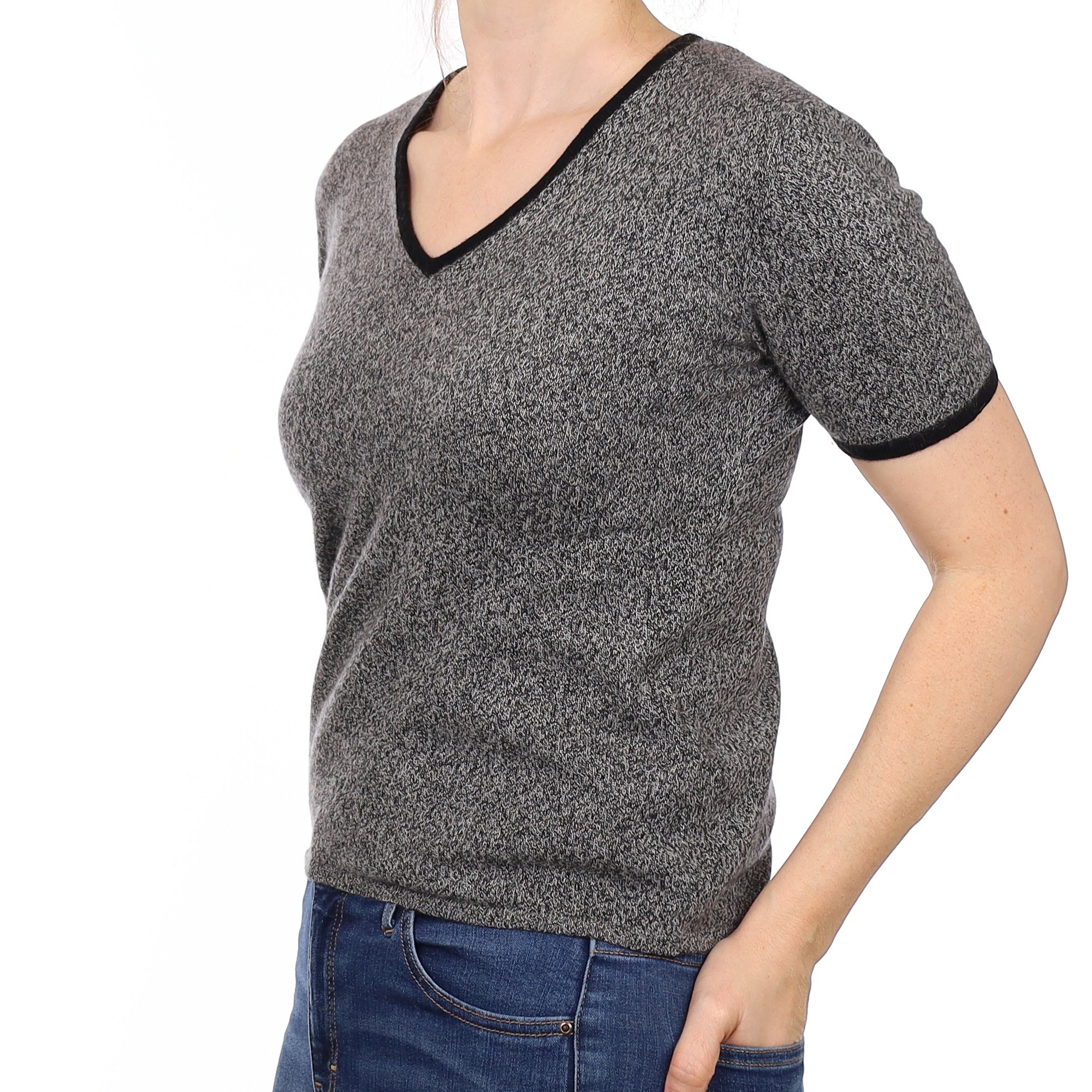 Black Grey Marl Cashmere Short Sleeved V Neck Jumper Small