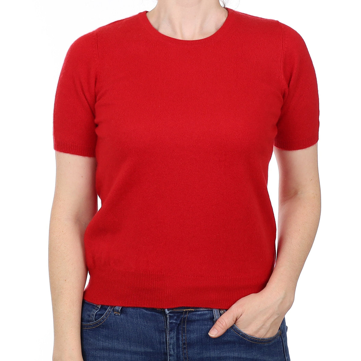 Scarlet Red Cashmere Short Sleeved Crew Neck Jumper Small