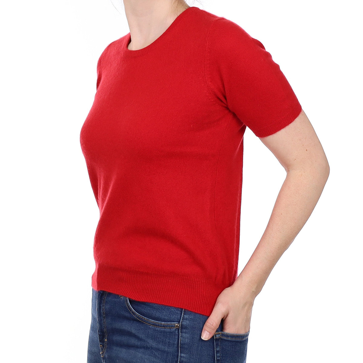 Scarlet Red Cashmere Short Sleeved Crew Neck Jumper Small
