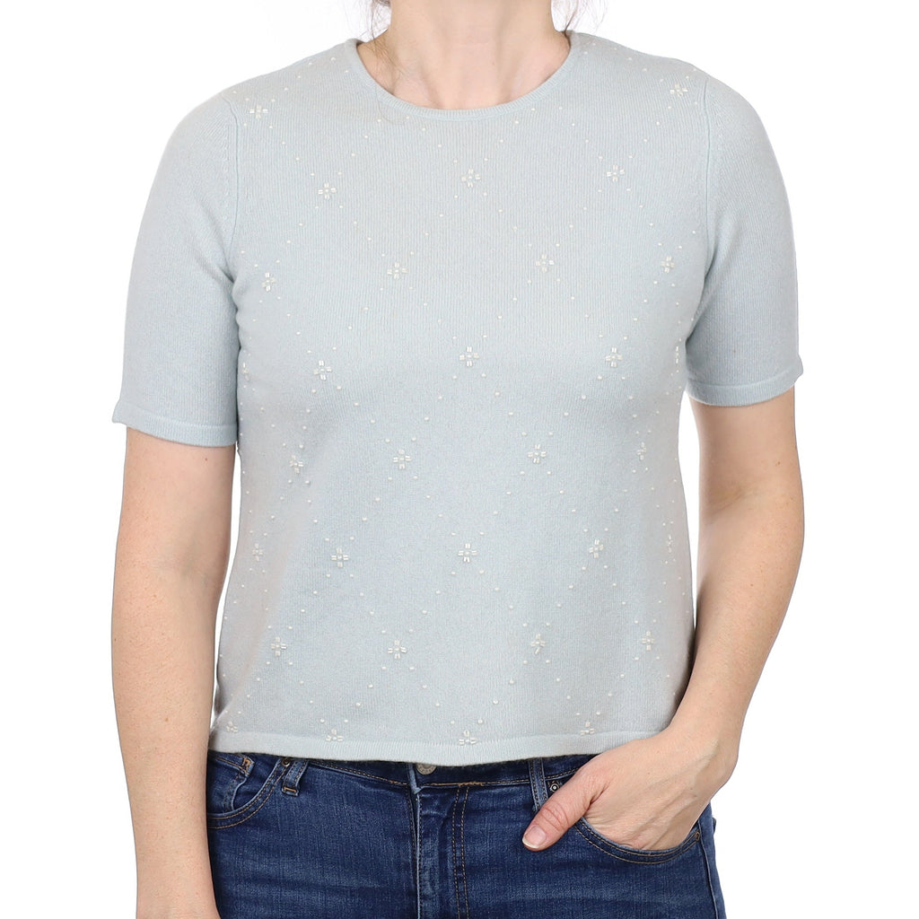 Opal Blue Embellished Cashmere Short Sleeved Crew Neck Jumper Small