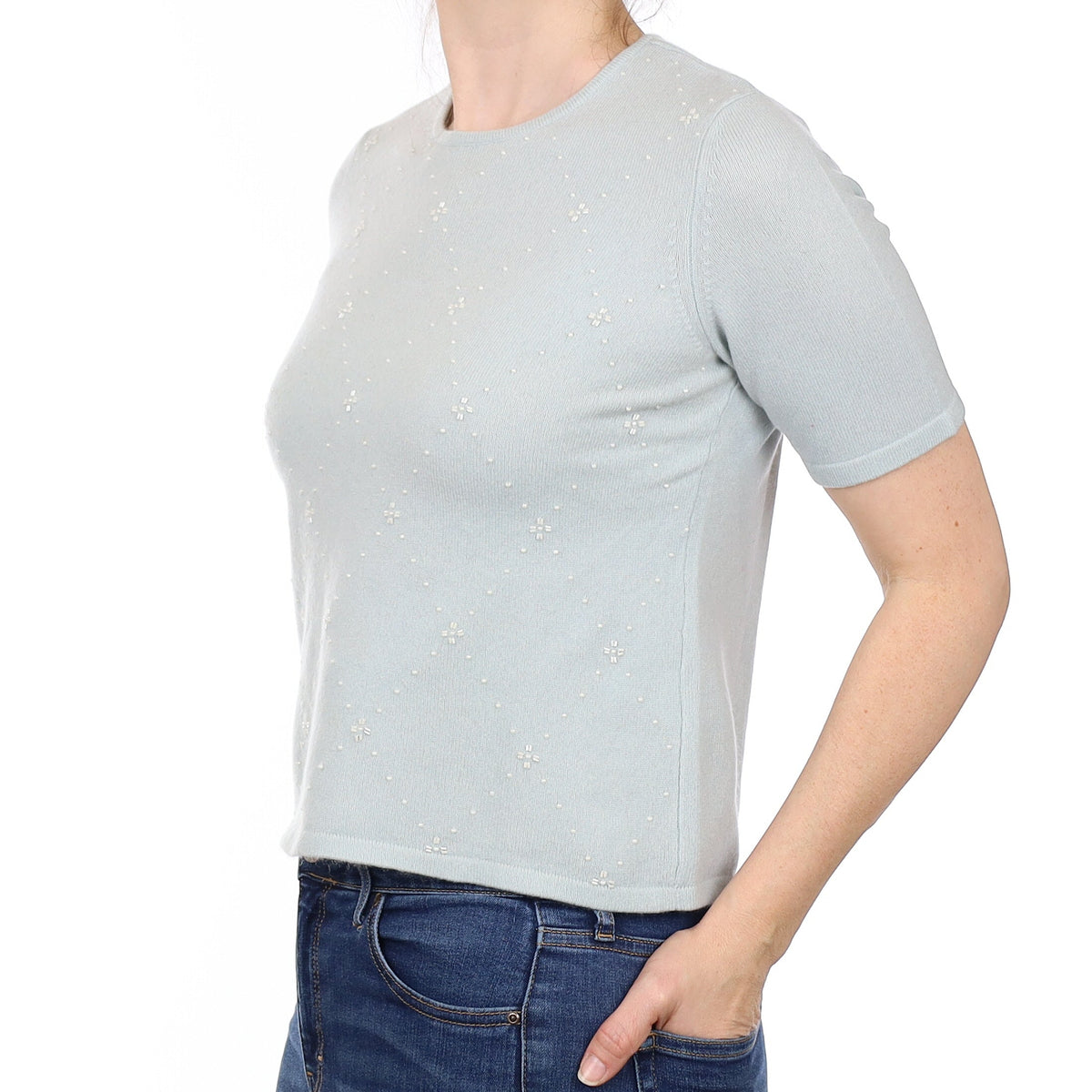 Opal Blue Embellished Cashmere Short Sleeved Crew Neck Jumper Small