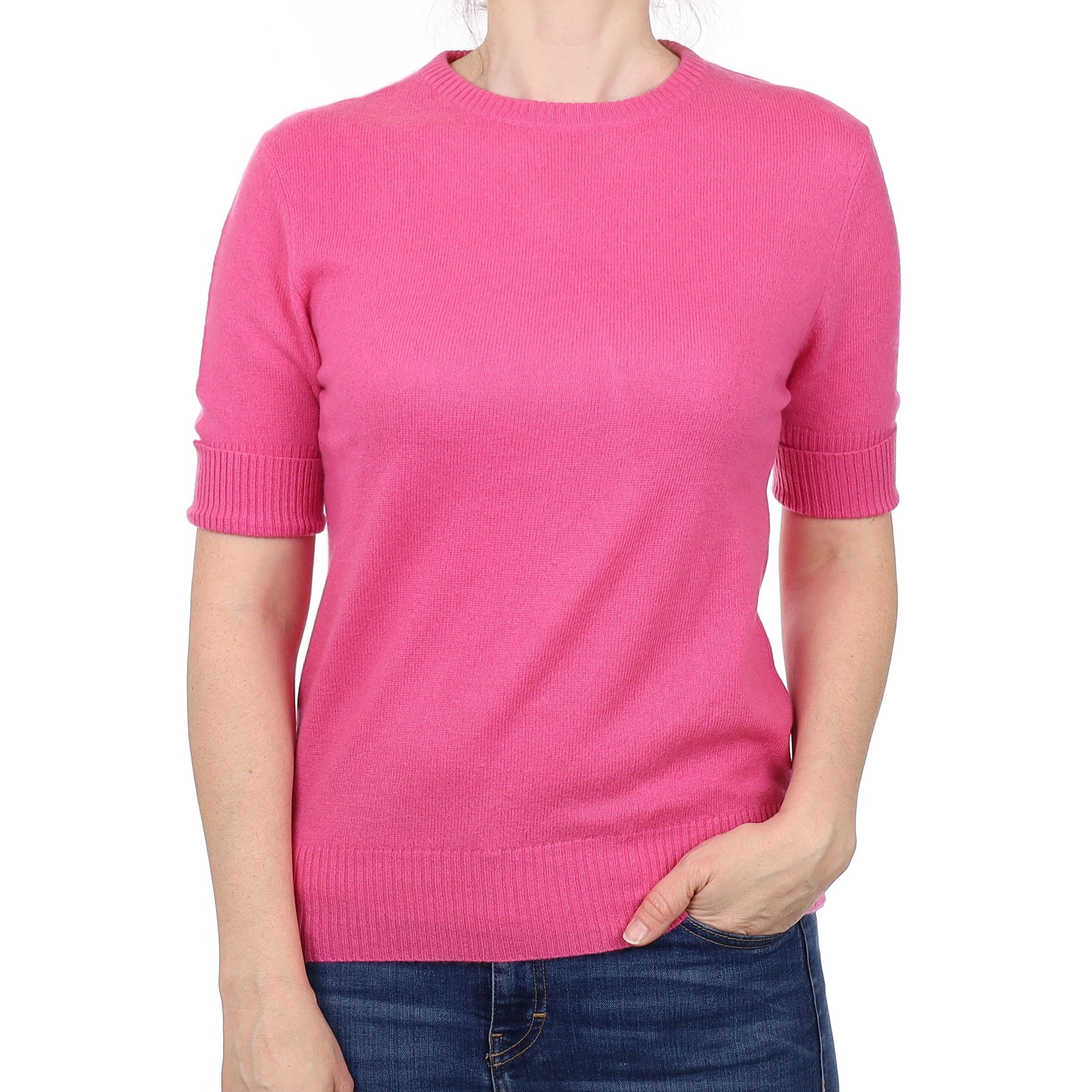Rose Pink Cashmere Short Sleeved Crew Neck Jumper Small